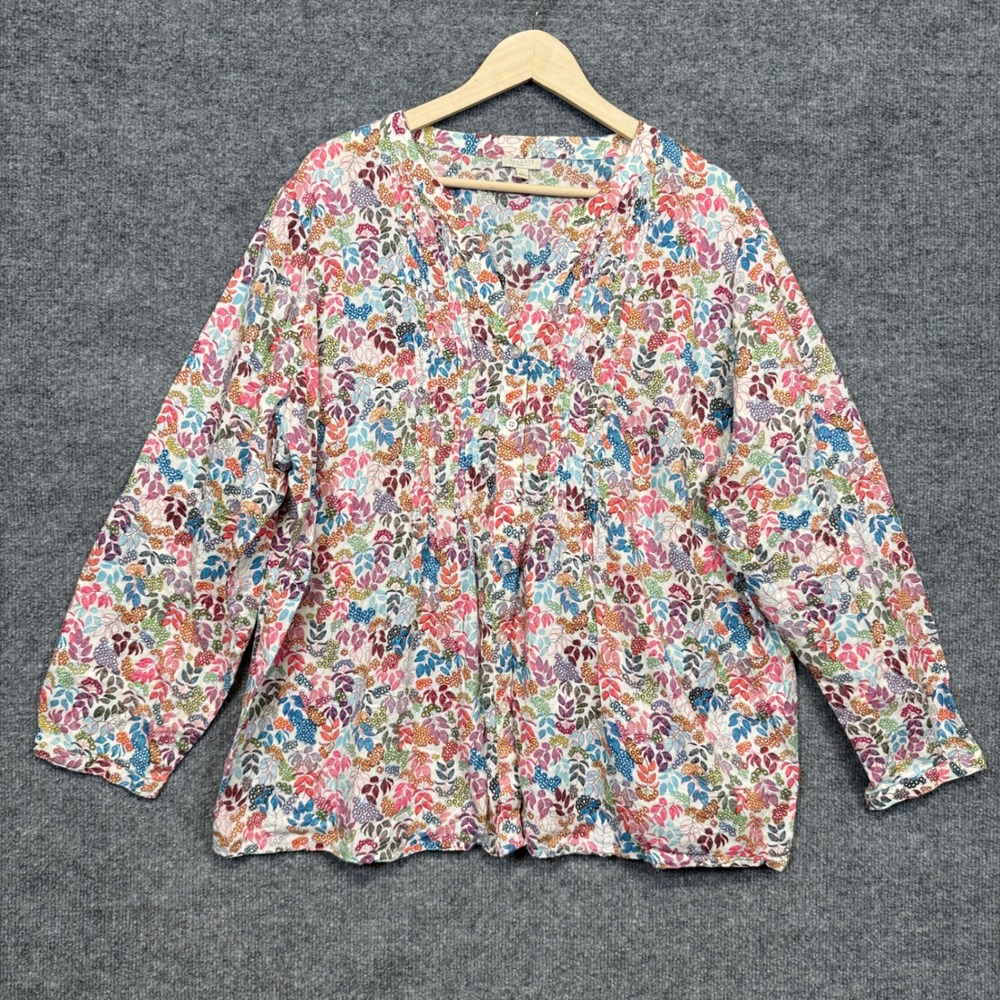 Talbots Plus Size 3X Button Top Blouse Pink Floral Cotton Pleated V Neck Flowers